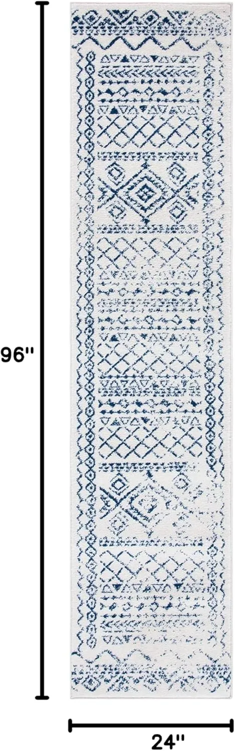 SAFAVIEH Tulum Collection Runner Rug - 2' x 8', Ivory & Navy, Moroccan Boho Distressed Design, Non-Shedding & Easy Care, Ideal for High Traffic Areas in Living Room, Bedroom (TUL268C)