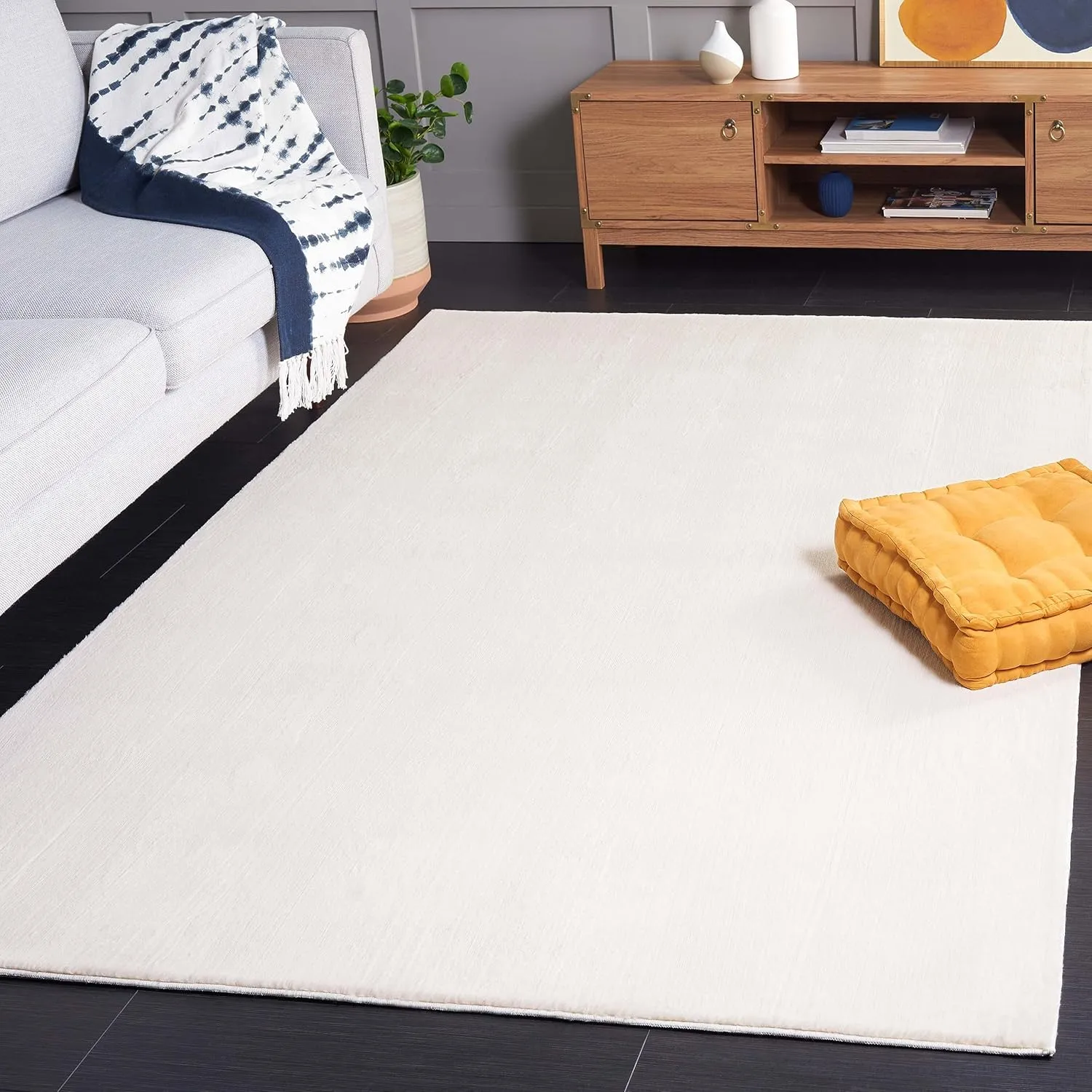 SAFAVIEH Washable Rug Faux Rabbit Fur Shag Collection - 6' Square, Beige, Slip Resistant & Easy Cleaning, Ideal for Living Room, Bedroom, Kids Playroom, Nursery, Dining Space (FRF100B)
