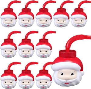 Sawysine 12 Pieces Christmas Santa Claus Cups Gift 9 oz Christmas Reusable Plastic Cups Set with Lid and Straw Christmas Holiday Travel Coffee Tumblers for Winter Xmas Gifts Birthday Party Supplies