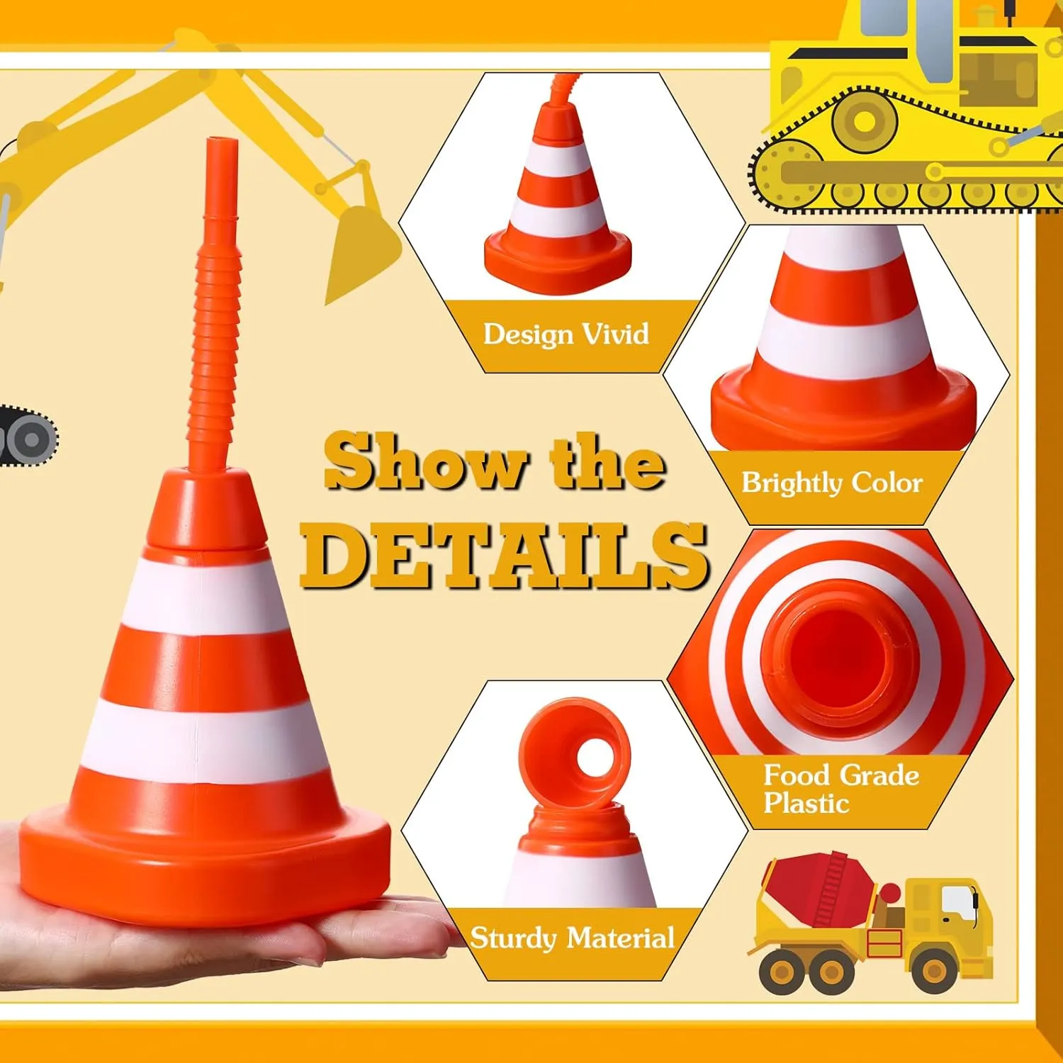 Sawysine 8 Pack Construction Cone Cups with Straws Bulk, Traffic Cones Party Favor 10 oz Plastic Reusable Kids Race Cups Set for Construction Traffic Theme Racing Car Birthday Party Supplies