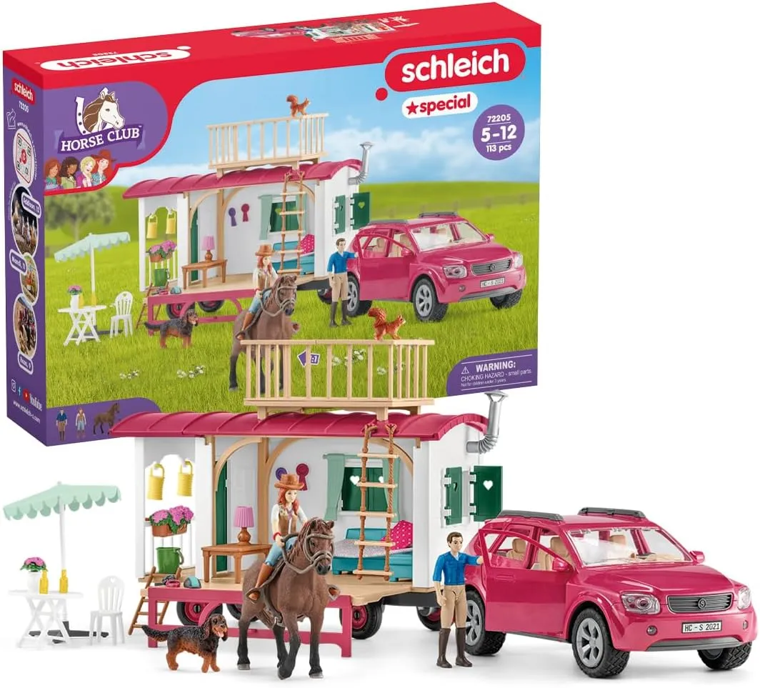 Schleich Horse Club - 113 PC - Interactive Camping Trip and Car Camper Playset with Horse and Rider Figures, Dog Figurine and Accessories for Girls and Boy - Realistic Kids Toys Ages 5  - 72205