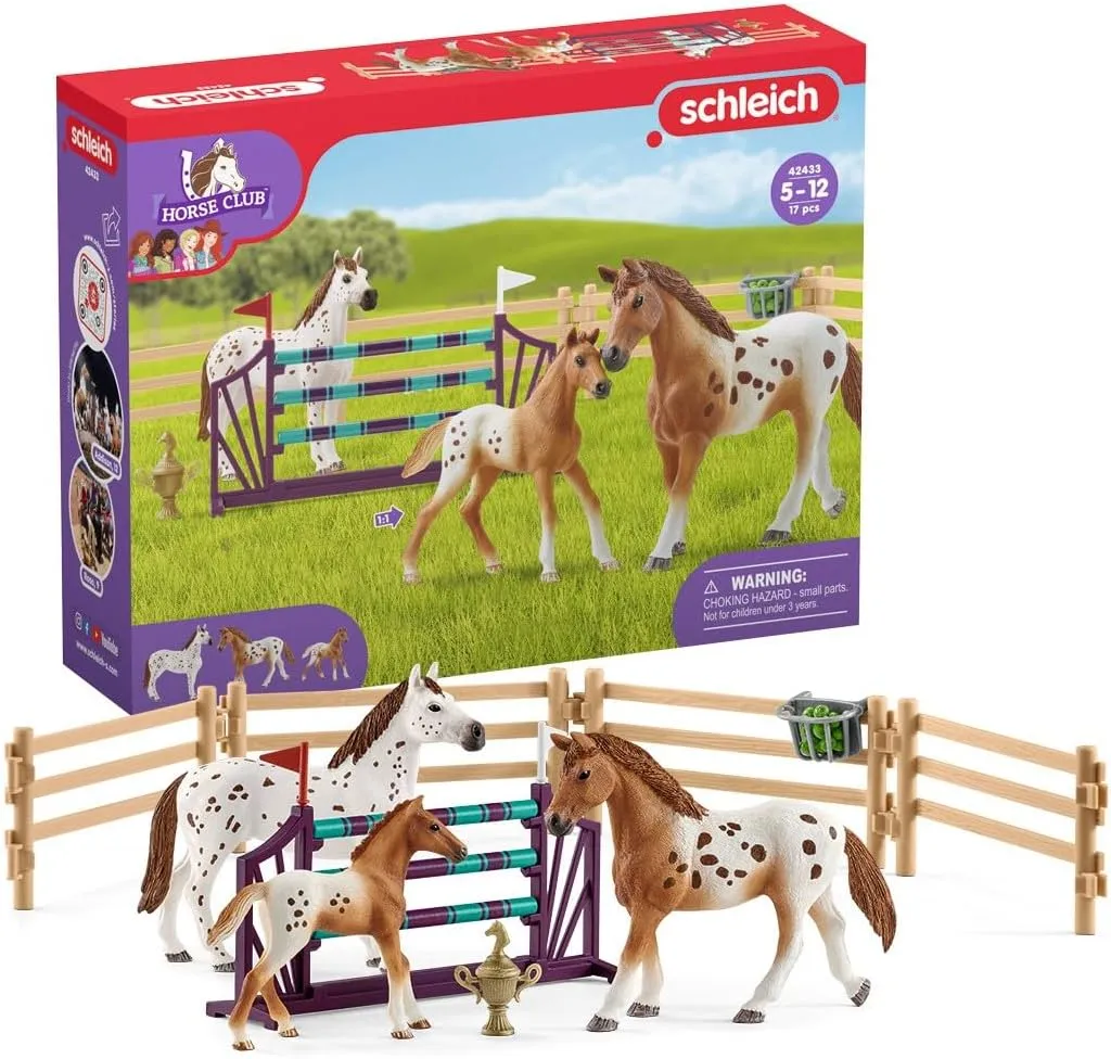 Schleich Horse Club - 17PC - Lisa's Tournament Training Horse Toy Set with 3 Horses and Accessories - Realistic Stallion, Mare, Foal Figurines for Girls and Boys - Farm Toys for Kids Ages 5  - 42433