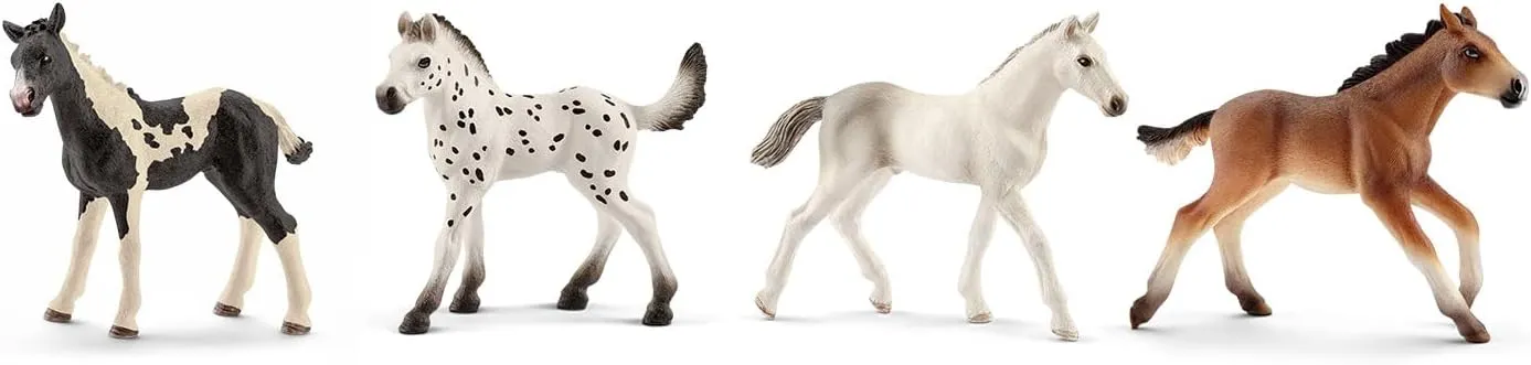 Schleich Horse Club - 4PC Foal Horse Toy Playset - with Pinto, Knabstrupper, Holsteiner and Mustang Figurine Horses for Girls and Boys - Realistic Farm Animal Figures for Kids Ages 5  | 77586