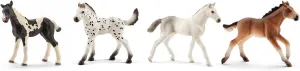 Schleich Horse Club - 4PC Foal Horse Toy Playset - with Pinto, Knabstrupper, Holsteiner and Mustang Figurine Horses for Girls and Boys - Realistic Farm Animal Figures for Kids Ages 5  | 77586