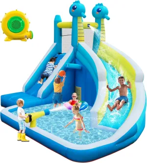 Seahorse Inflatable Water Slide for Kids Backyard | 5-in-1 Blow Up Splash Park with Climbing Wall, WaterSlide, Water Cannon, Basketball Hoop & 480W Blower| Indoor/Outdoor Toys for Ages 3 