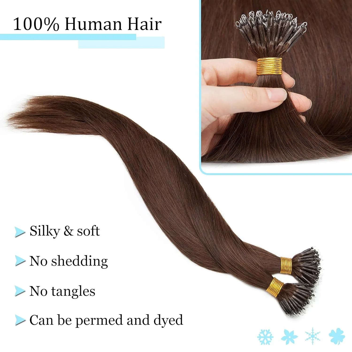 SEGO Nano Tip Hair Extensions Human Hair Balayage Nano Beads Pre-bonded Seamless Nano Ring Highlight Hair Extensions for Women 1g/strand 50g/pack -16 Inch #4 Medium Chocolate Brown
