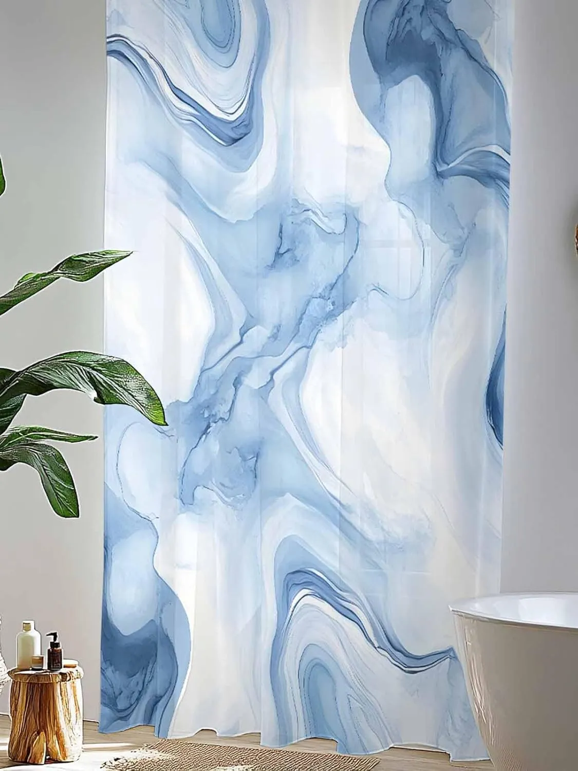 Semi Sheer Curtains for Home, Modern Abstract White Light Blue Marble Texture Light Filtering Sheer Rod Pocket Drapes for Kitchen Living Room Bedroom, 52"x84" 1 Panel