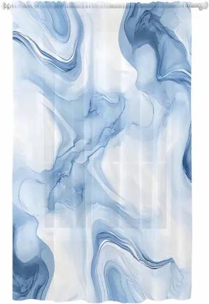 Semi Sheer Curtains for Home, Modern Abstract White Light Blue Marble Texture Light Filtering Sheer Rod Pocket Drapes for Kitchen Living Room Bedroom, 52"x84" 1 Panel