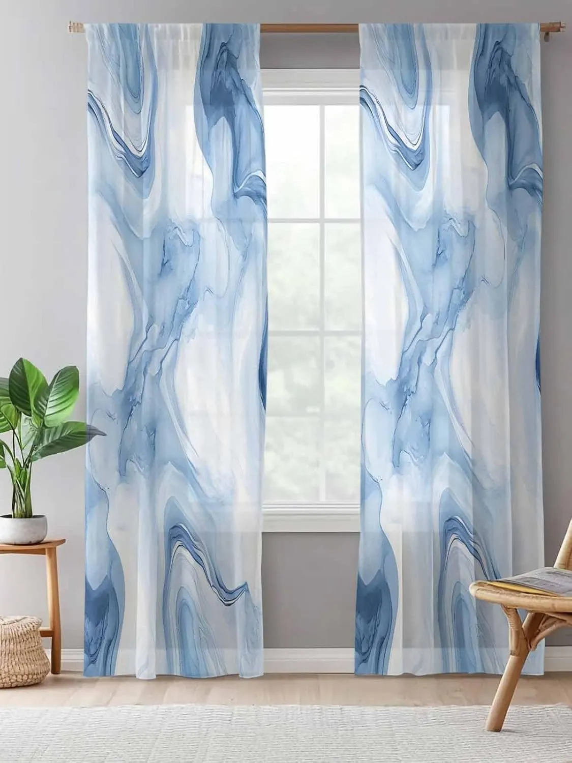 Semi Sheer Curtains for Home, Modern Abstract White Light Blue Marble Texture Light Filtering Sheer Rod Pocket Drapes for Kitchen Living Room Bedroom, 52"x84" 1 Panel