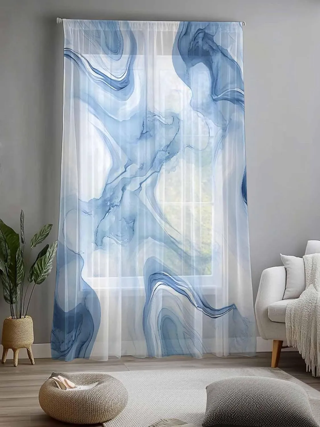 Semi Sheer Curtains for Home, Modern Abstract White Light Blue Marble Texture Light Filtering Sheer Rod Pocket Drapes for Kitchen Living Room Bedroom, 52"x84" 1 Panel