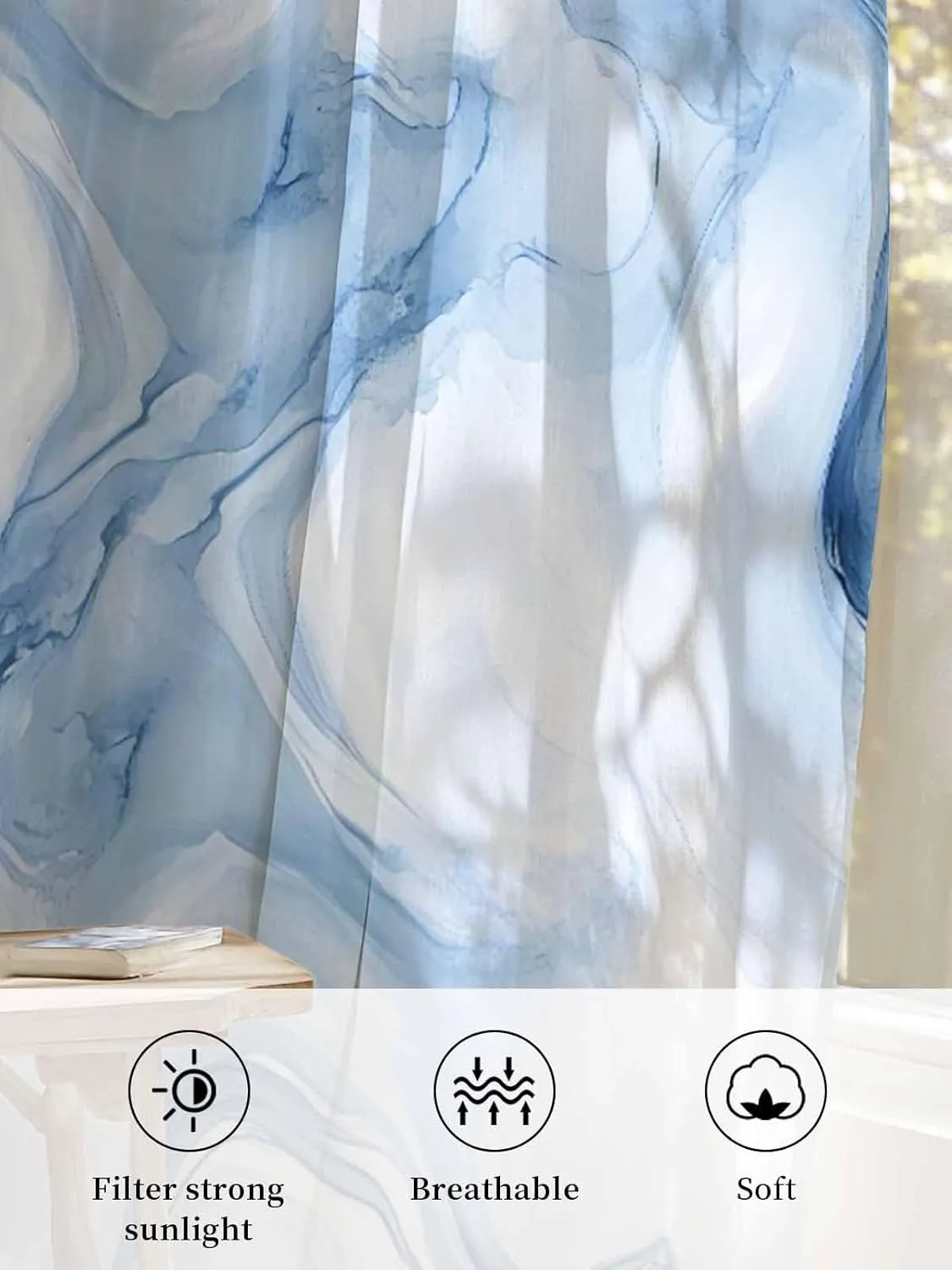 Semi Sheer Curtains for Home, Modern Abstract White Light Blue Marble Texture Light Filtering Sheer Rod Pocket Drapes for Kitchen Living Room Bedroom, 52"x84" 1 Panel