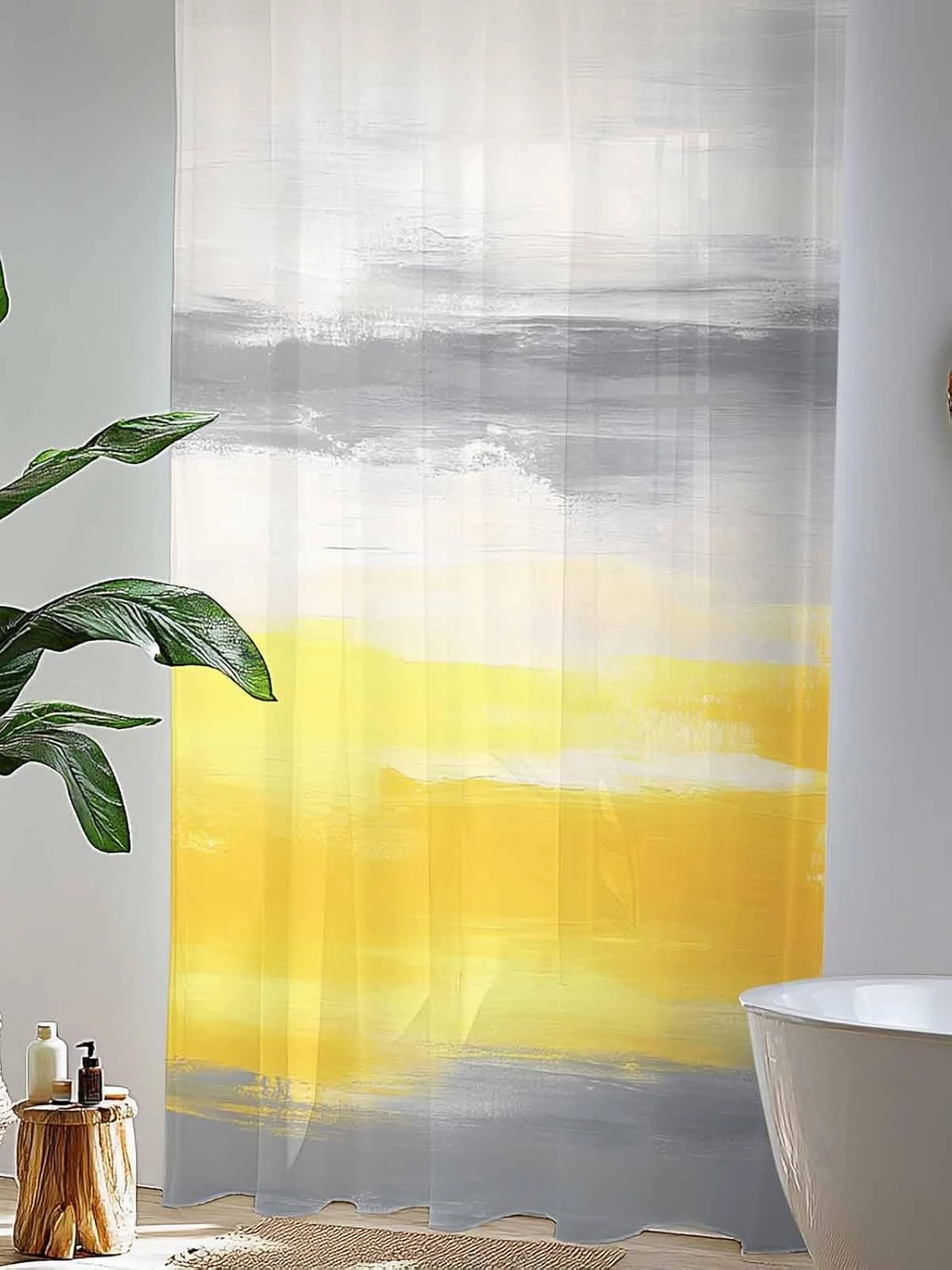 Semi Sheer Curtains for Home, Abstract Beige Grey Yellow Texture Light Filtering Sheer Rod Pocket Drapes for Kitchen Living Room Bedroom, 52"x84" 1 Panel