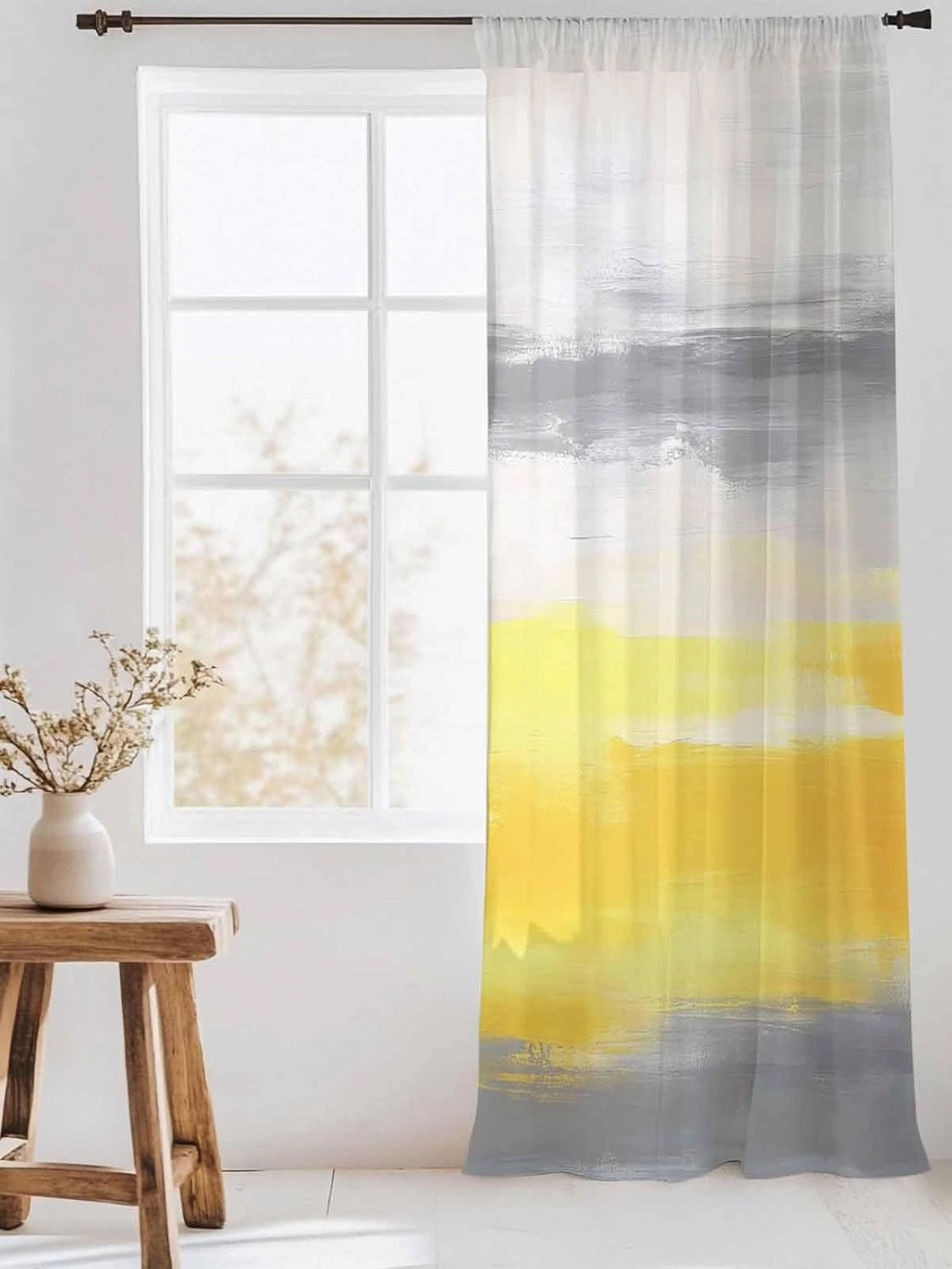 Semi Sheer Curtains for Home, Abstract Beige Grey Yellow Texture Light Filtering Sheer Rod Pocket Drapes for Kitchen Living Room Bedroom, 52"x84" 1 Panel