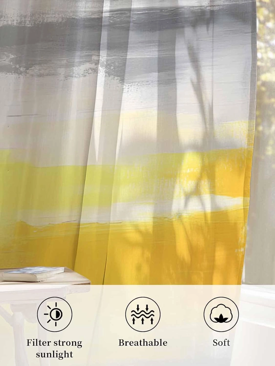 Semi Sheer Curtains for Home, Abstract Beige Grey Yellow Texture Light Filtering Sheer Rod Pocket Drapes for Kitchen Living Room Bedroom, 52"x84" 1 Panel
