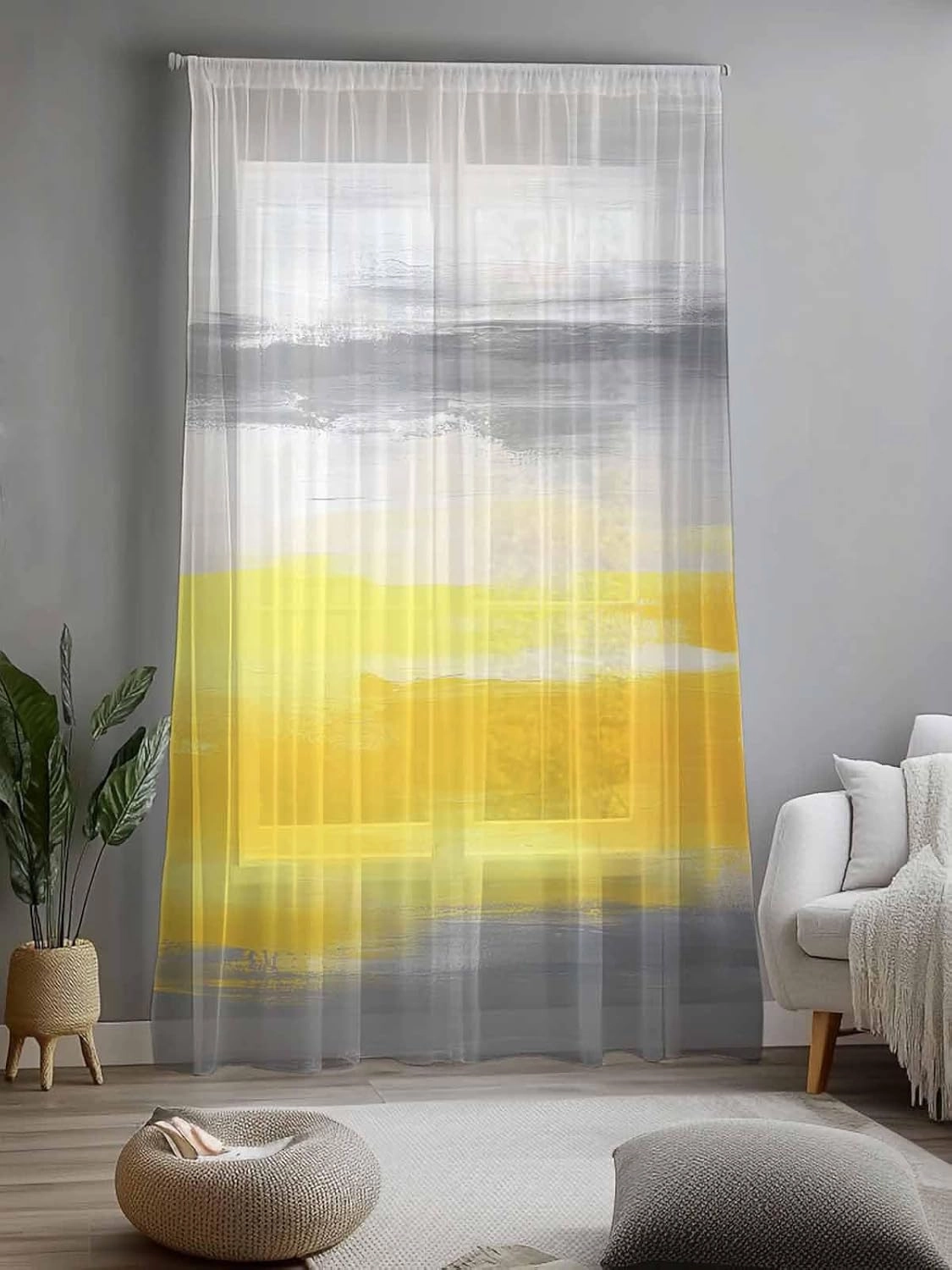 Semi Sheer Curtains for Home, Abstract Beige Grey Yellow Texture Light Filtering Sheer Rod Pocket Drapes for Kitchen Living Room Bedroom, 52"x84" 1 Panel