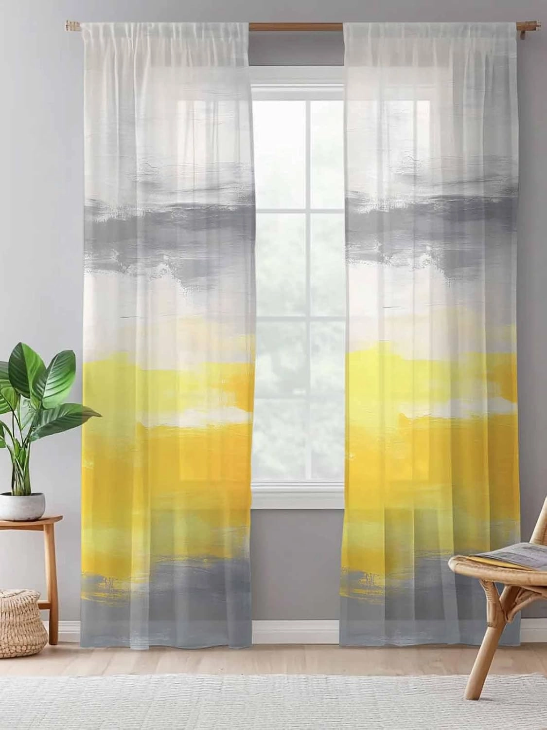 Semi Sheer Curtains for Home, Abstract Beige Grey Yellow Texture Light Filtering Sheer Rod Pocket Drapes for Kitchen Living Room Bedroom, 52"x84" 1 Panel