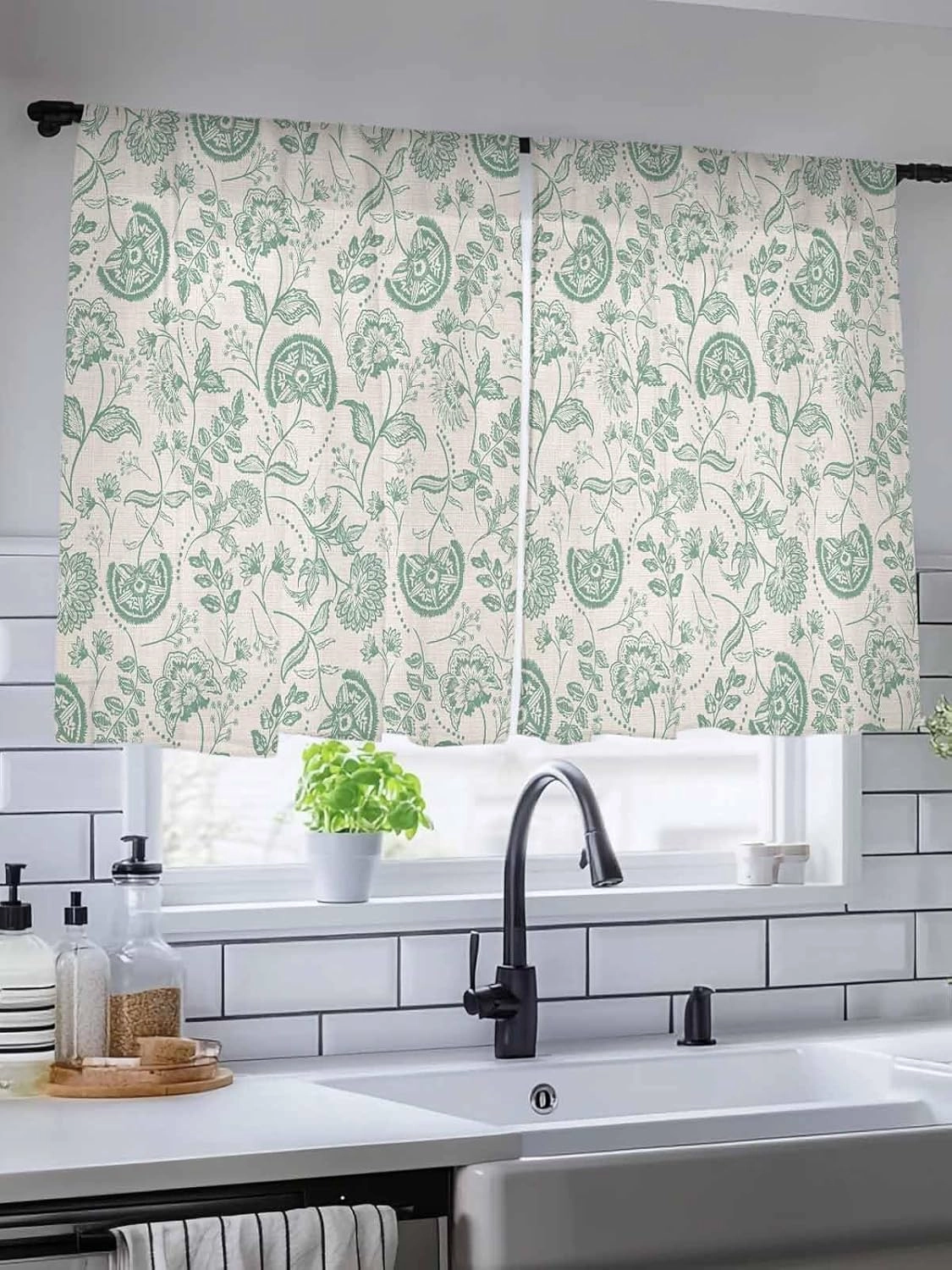 Semi Sheer Curtains for Home, Retro Farmhouse Abstract Sage Green Flower Texture Light Filtering Sheer Rod Pocket Drapes for Kitchen Living Room Bedroom, 52"x45" 1 Panel