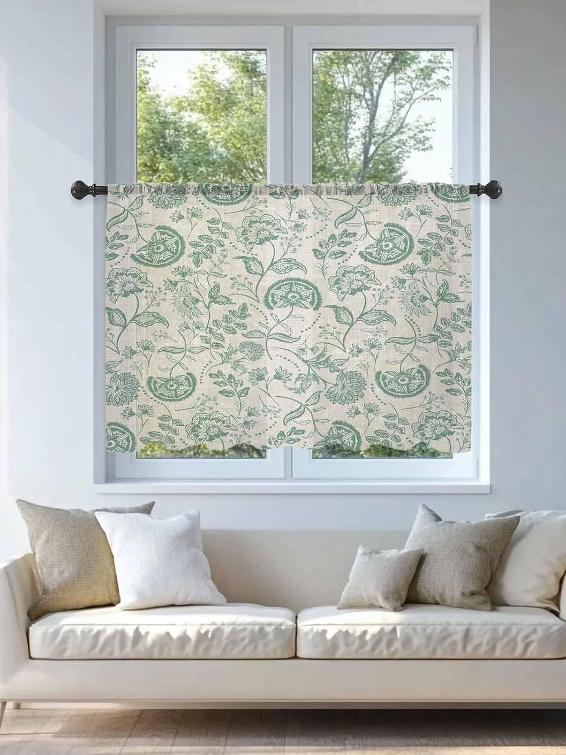 Semi Sheer Curtains for Home, Retro Farmhouse Abstract Sage Green Flower Texture Light Filtering Sheer Rod Pocket Drapes for Kitchen Living Room Bedroom, 52"x45" 1 Panel