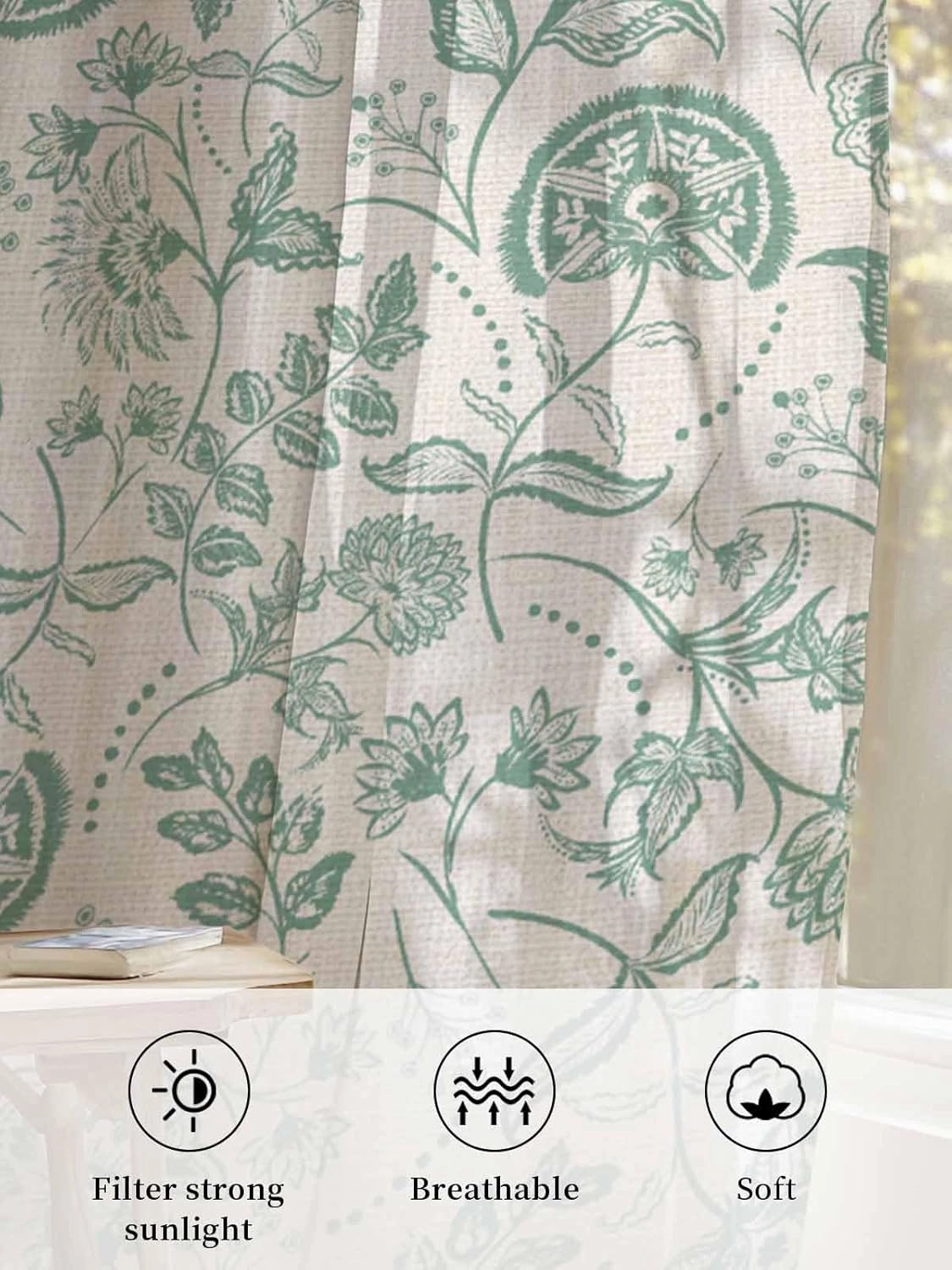 Semi Sheer Curtains for Home, Retro Farmhouse Abstract Sage Green Flower Texture Light Filtering Sheer Rod Pocket Drapes for Kitchen Living Room Bedroom, 52"x45" 1 Panel