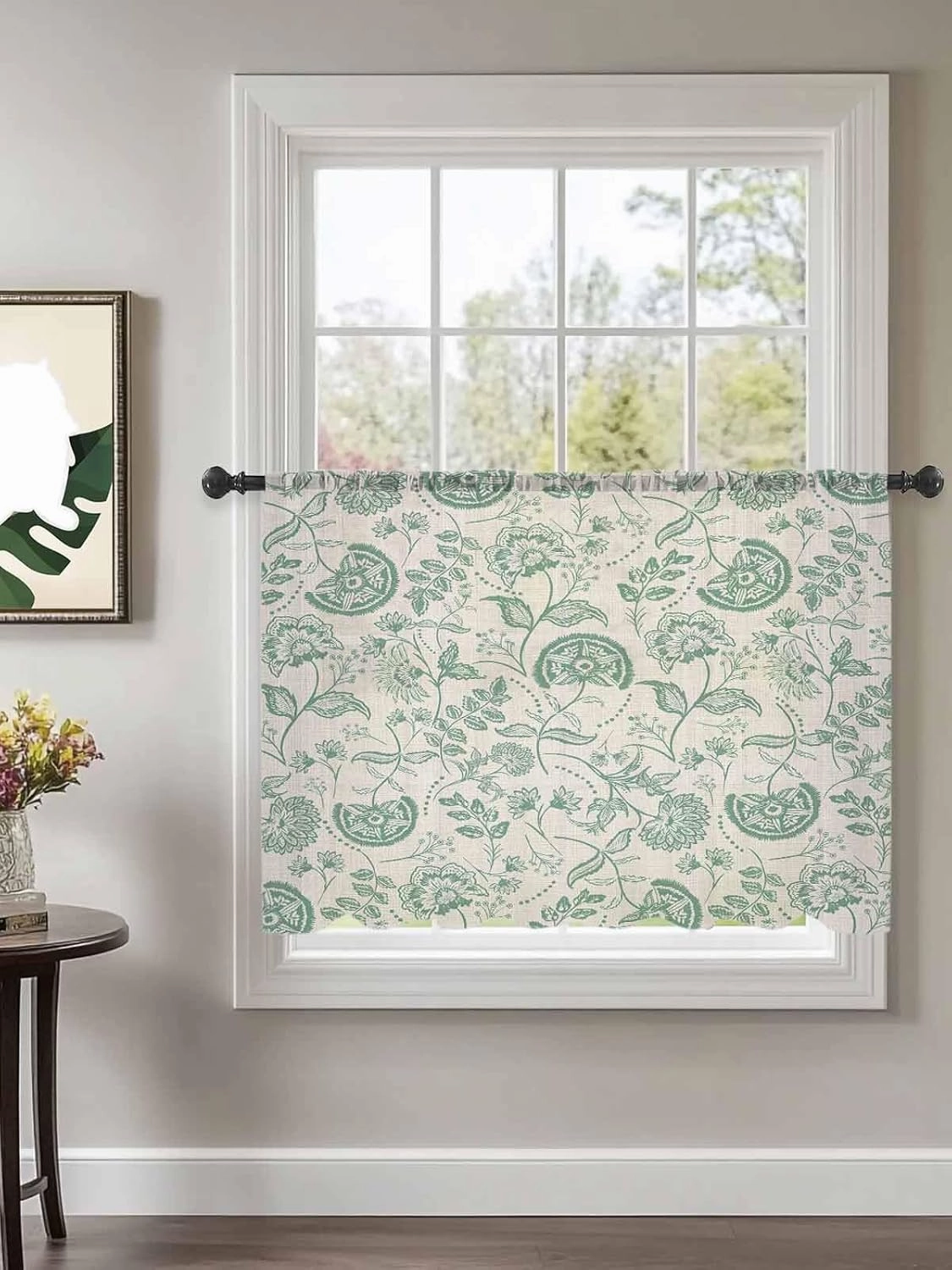 Semi Sheer Curtains for Home, Retro Farmhouse Abstract Sage Green Flower Texture Light Filtering Sheer Rod Pocket Drapes for Kitchen Living Room Bedroom, 52"x45" 1 Panel