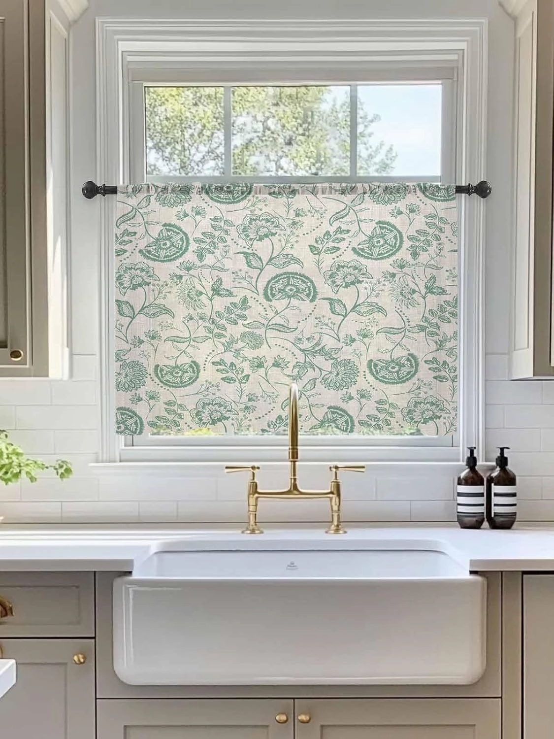Semi Sheer Curtains for Home, Retro Farmhouse Abstract Sage Green Flower Texture Light Filtering Sheer Rod Pocket Drapes for Kitchen Living Room Bedroom, 52"x45" 1 Panel