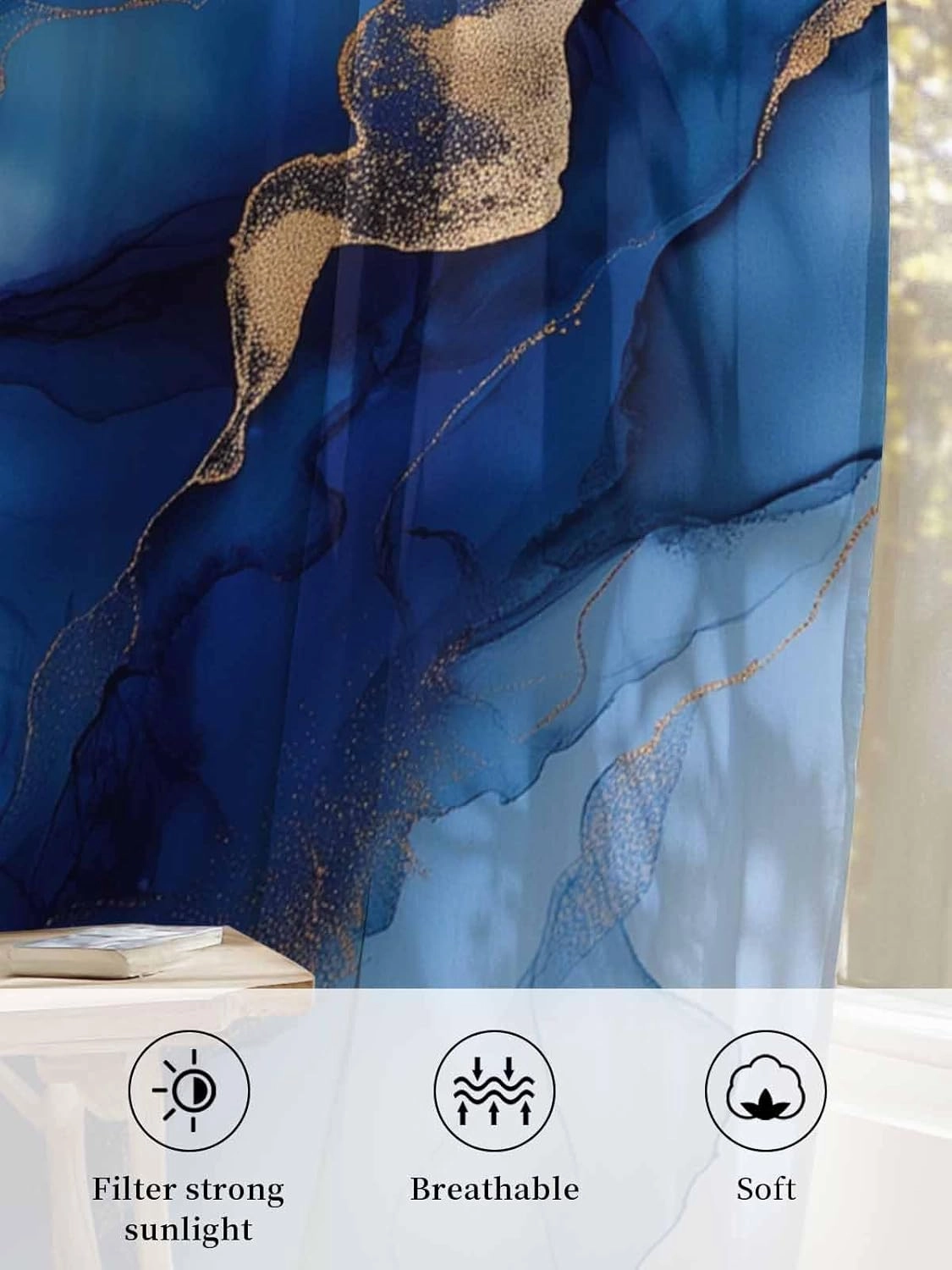 Semi Sheer Curtains for Home, Wave Line Blue Gradient Abstract Marble Texture Light Filtering Sheer Rod Pocket Drapes for Kitchen Living Room Bedroom, 52"x63" 1 Panel