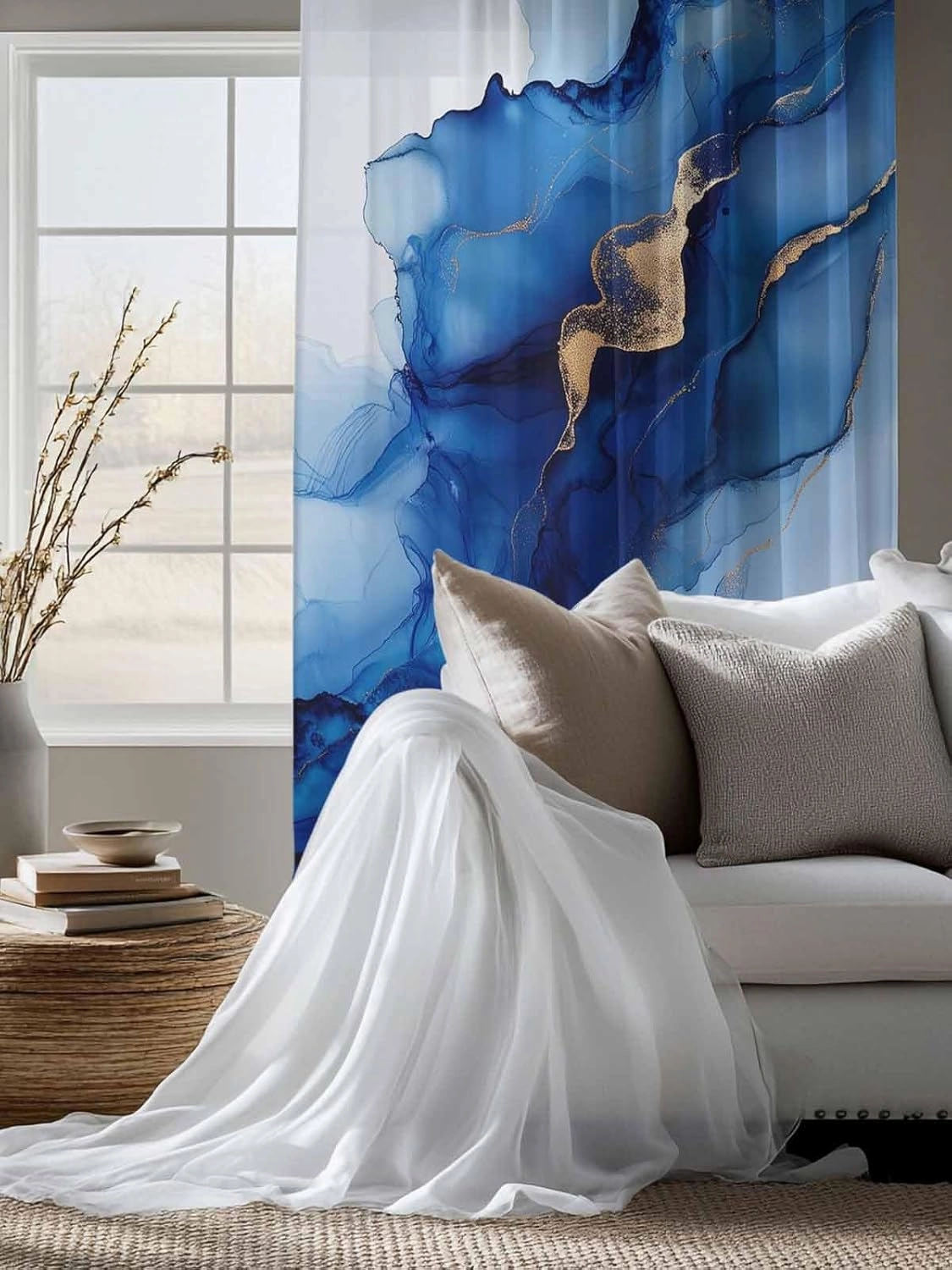 Semi Sheer Curtains for Home, Wave Line Blue Gradient Abstract Marble Texture Light Filtering Sheer Rod Pocket Drapes for Kitchen Living Room Bedroom, 52"x63" 1 Panel