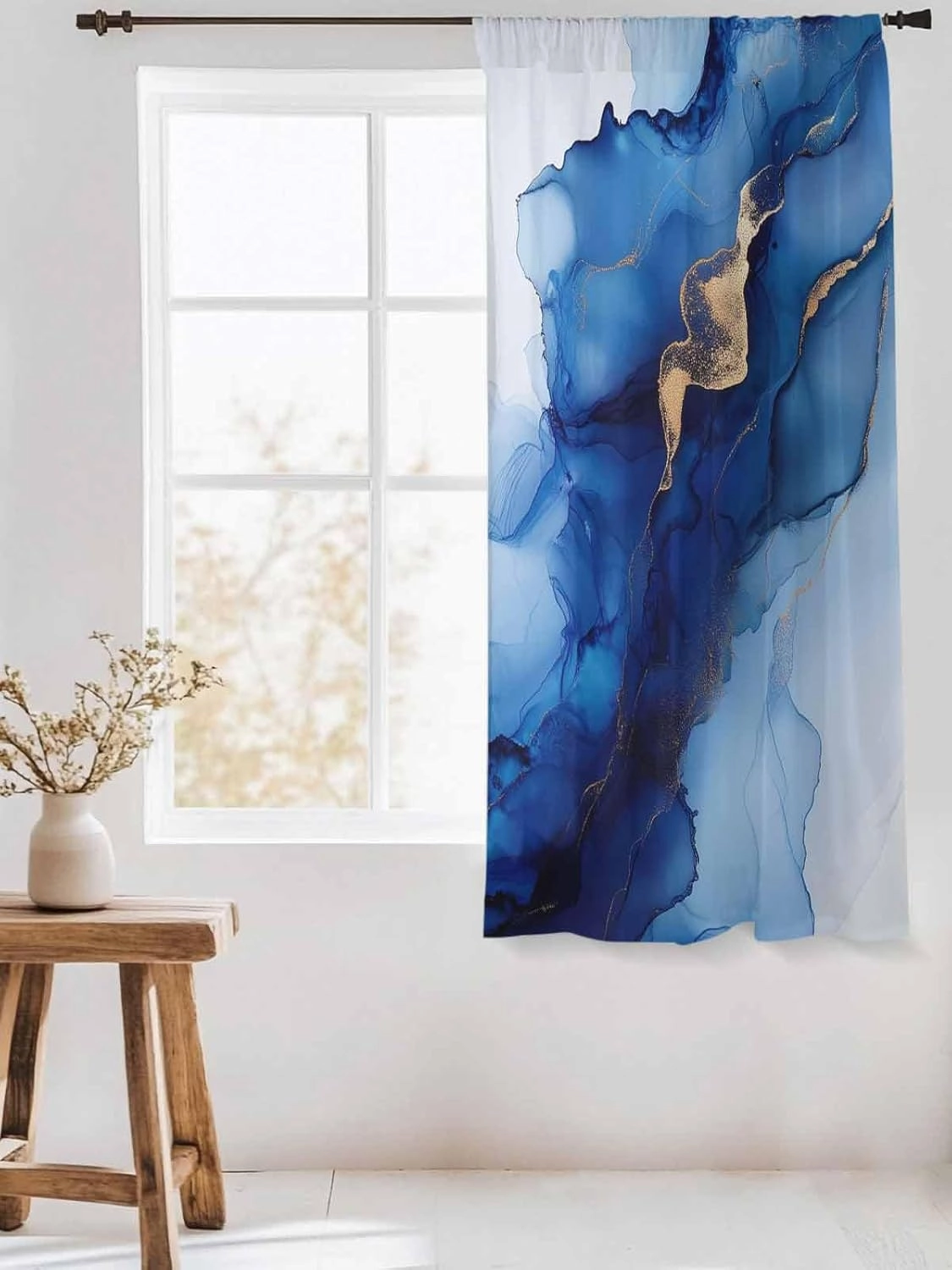 Semi Sheer Curtains for Home, Wave Line Blue Gradient Abstract Marble Texture Light Filtering Sheer Rod Pocket Drapes for Kitchen Living Room Bedroom, 52"x63" 1 Panel