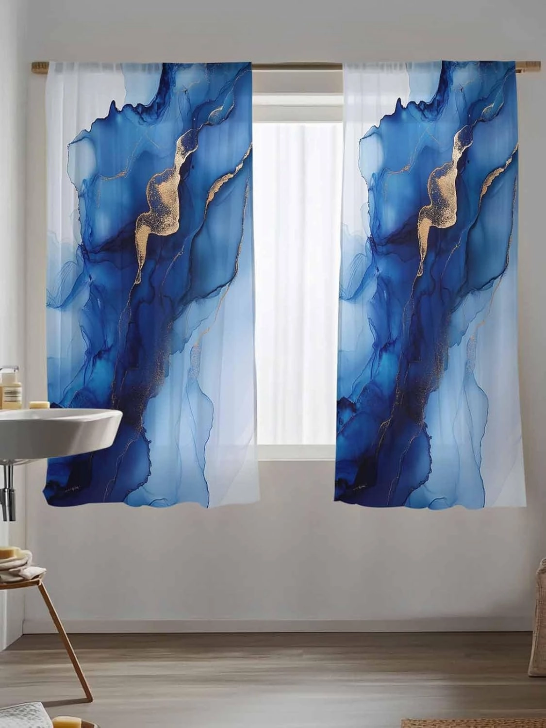 Semi Sheer Curtains for Home, Wave Line Blue Gradient Abstract Marble Texture Light Filtering Sheer Rod Pocket Drapes for Kitchen Living Room Bedroom, 52"x63" 1 Panel