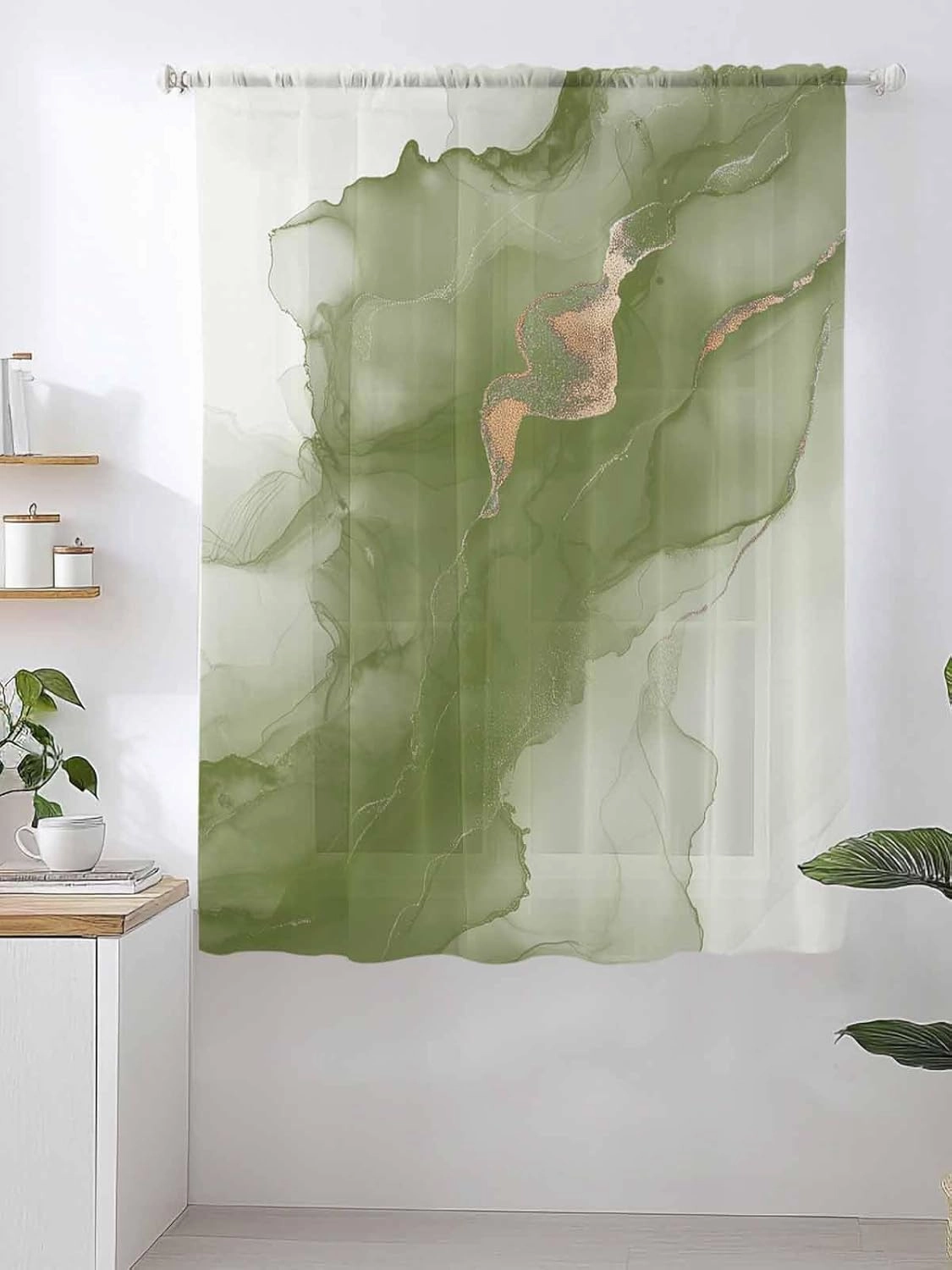 Semi Sheer Curtains for Home, Wave Line Green Gradient Abstract Marble Texture Light Filtering Sheer Rod Pocket Drapes for Kitchen Living Room Bedroom, 52"x63" 1 Panel