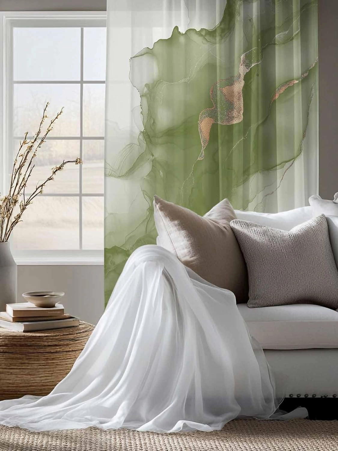Semi Sheer Curtains for Home, Wave Line Green Gradient Abstract Marble Texture Light Filtering Sheer Rod Pocket Drapes for Kitchen Living Room Bedroom, 52"x63" 1 Panel