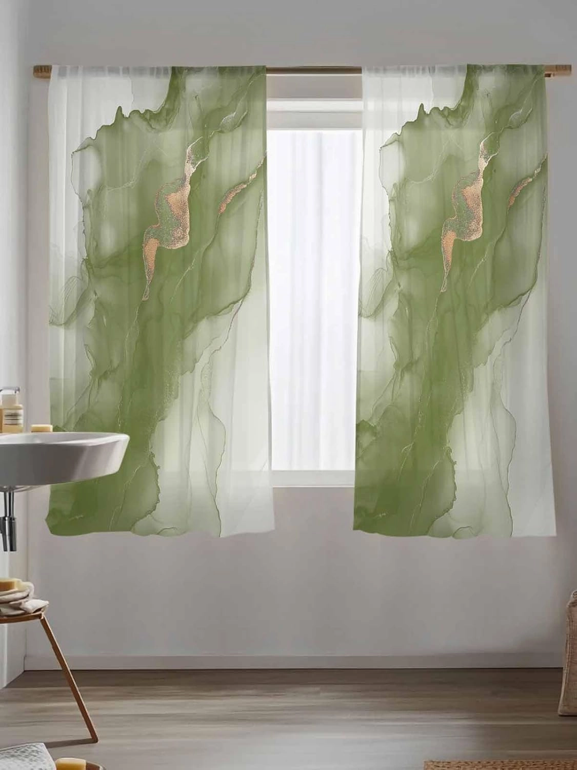 Semi Sheer Curtains for Home, Wave Line Green Gradient Abstract Marble Texture Light Filtering Sheer Rod Pocket Drapes for Kitchen Living Room Bedroom, 52"x63" 1 Panel