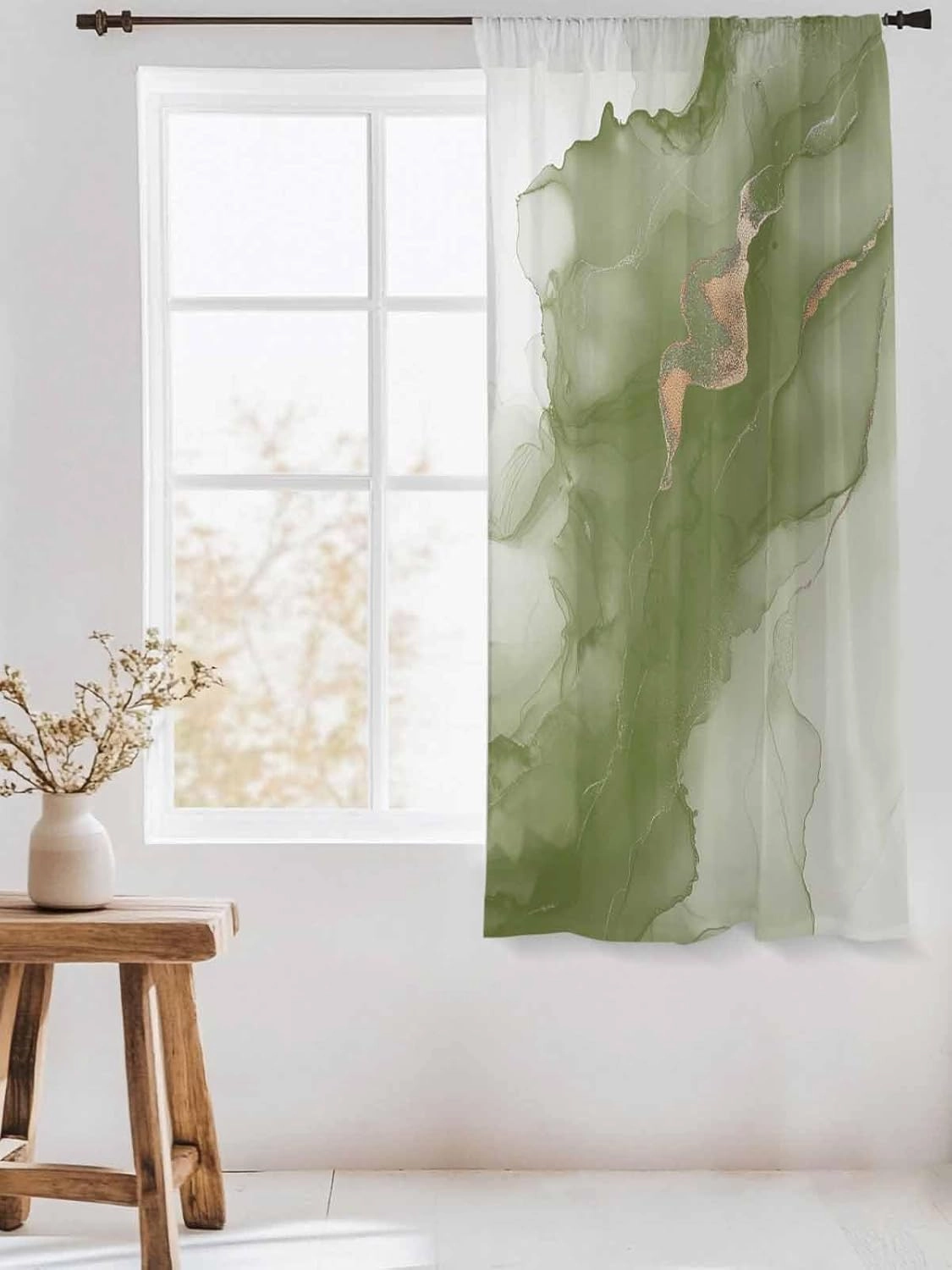 Semi Sheer Curtains for Home, Wave Line Green Gradient Abstract Marble Texture Light Filtering Sheer Rod Pocket Drapes for Kitchen Living Room Bedroom, 52"x63" 1 Panel