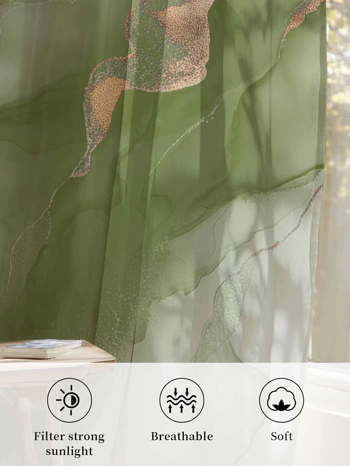 Semi Sheer Curtains for Home, Wave Line Green Gradient Abstract Marble Texture Light Filtering Sheer Rod Pocket Drapes for Kitchen Living Room Bedroom, 52"x63" 1 Panel