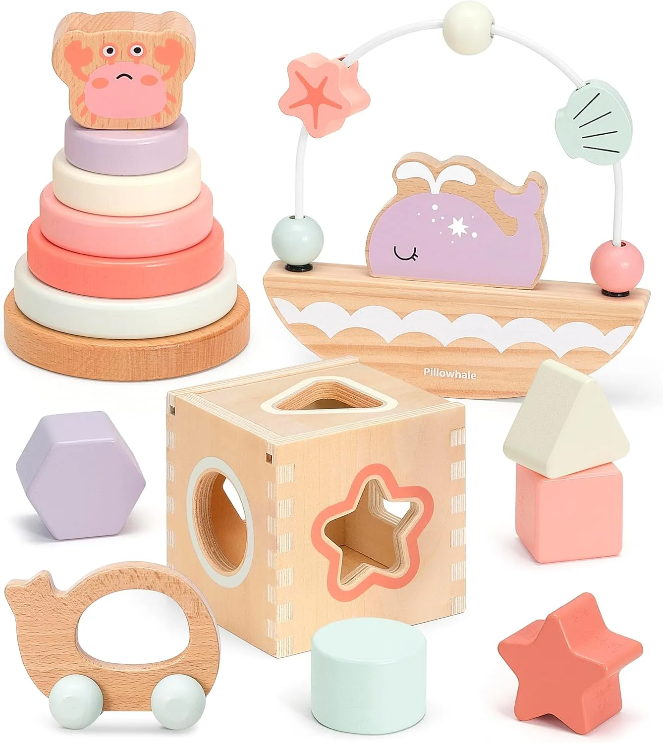 Sensory & Educational Wooden Toy Set for Toddlers 1-3 Years Old - Stacking Rings, Shape Sorter, Push Car, Bead Maze for Boys & Girl