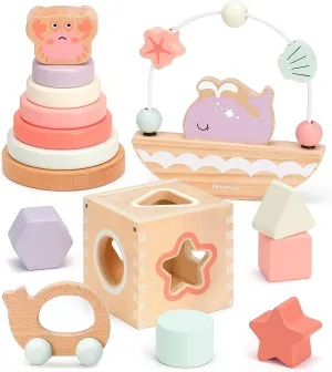 Sensory & Educational Wooden Toy Set for Toddlers 1-3 Years Old - Stacking Rings, Shape Sorter, Push Car, Bead Maze for Boys & Girl