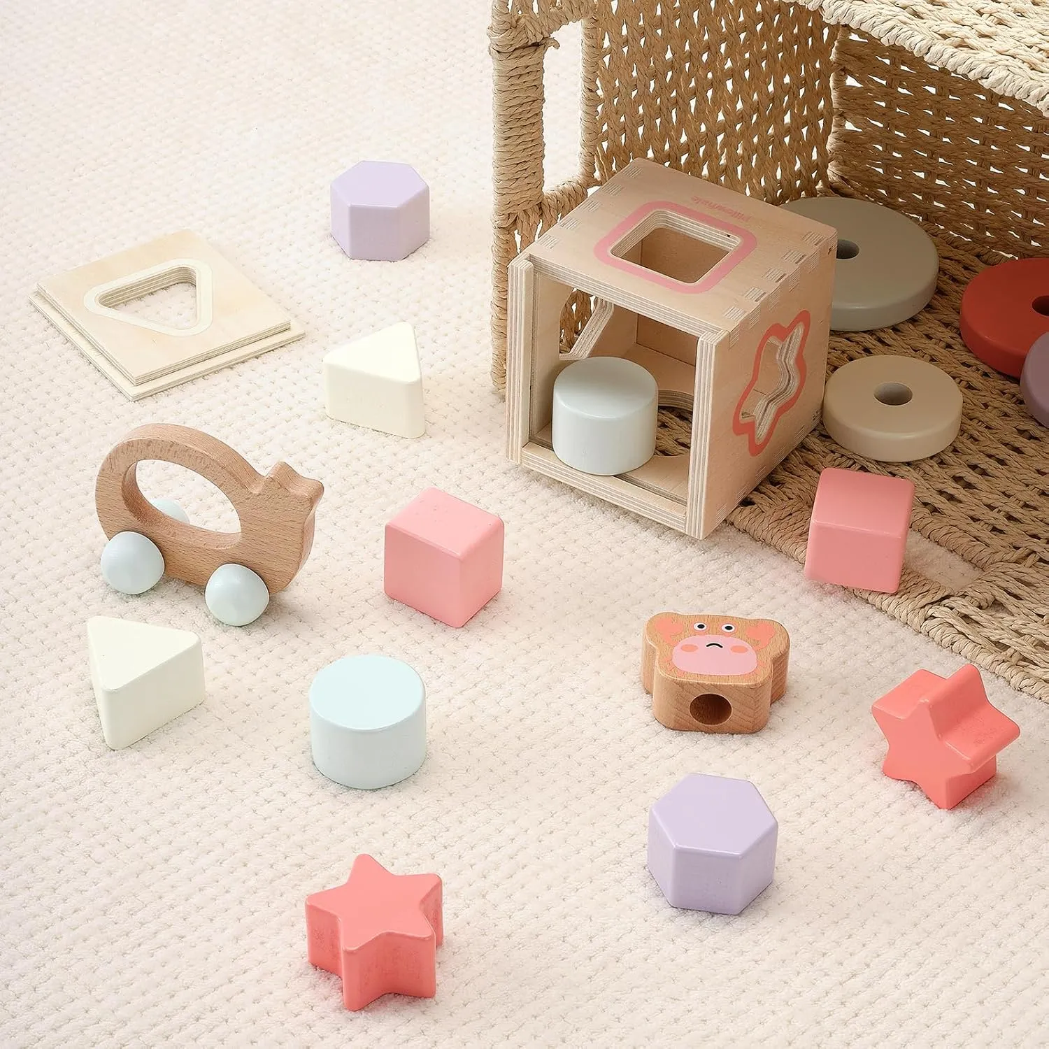 Sensory & Educational Wooden Toy Set for Toddlers 1-3 Years Old - Stacking Rings, Shape Sorter, Push Car, Bead Maze for Boys & Girl