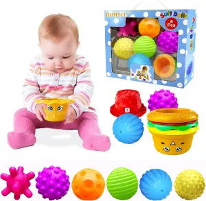 Sensory Balls for Baby, Infant Toys 6-12 Months, Textured Multi Balls for Toddlers 1-3 Colorful Soft Squeezy Bath Toy with Stacking Cups Montessori Toys for Babies Juguetes Para Bebes de 0 a 6 Meses