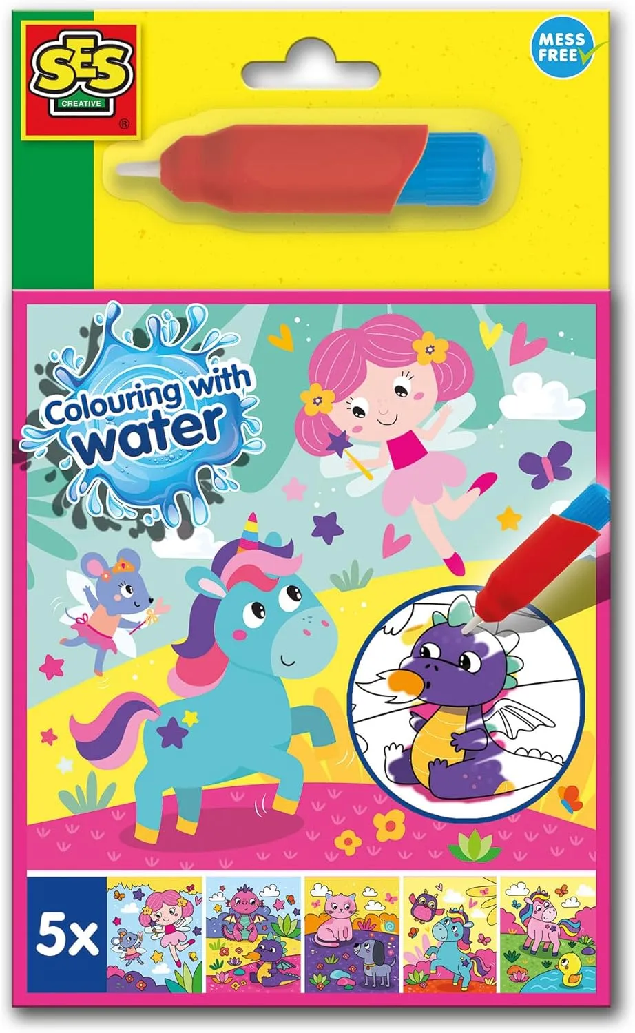 SES Creative 00133 Colour with Water Fantasy Book - Mess-Free Creative Play for Kids Aged 3  - Includes 5 Reusable Pages and Refillable Water Brush - Explore Magical Fantasy Scenes