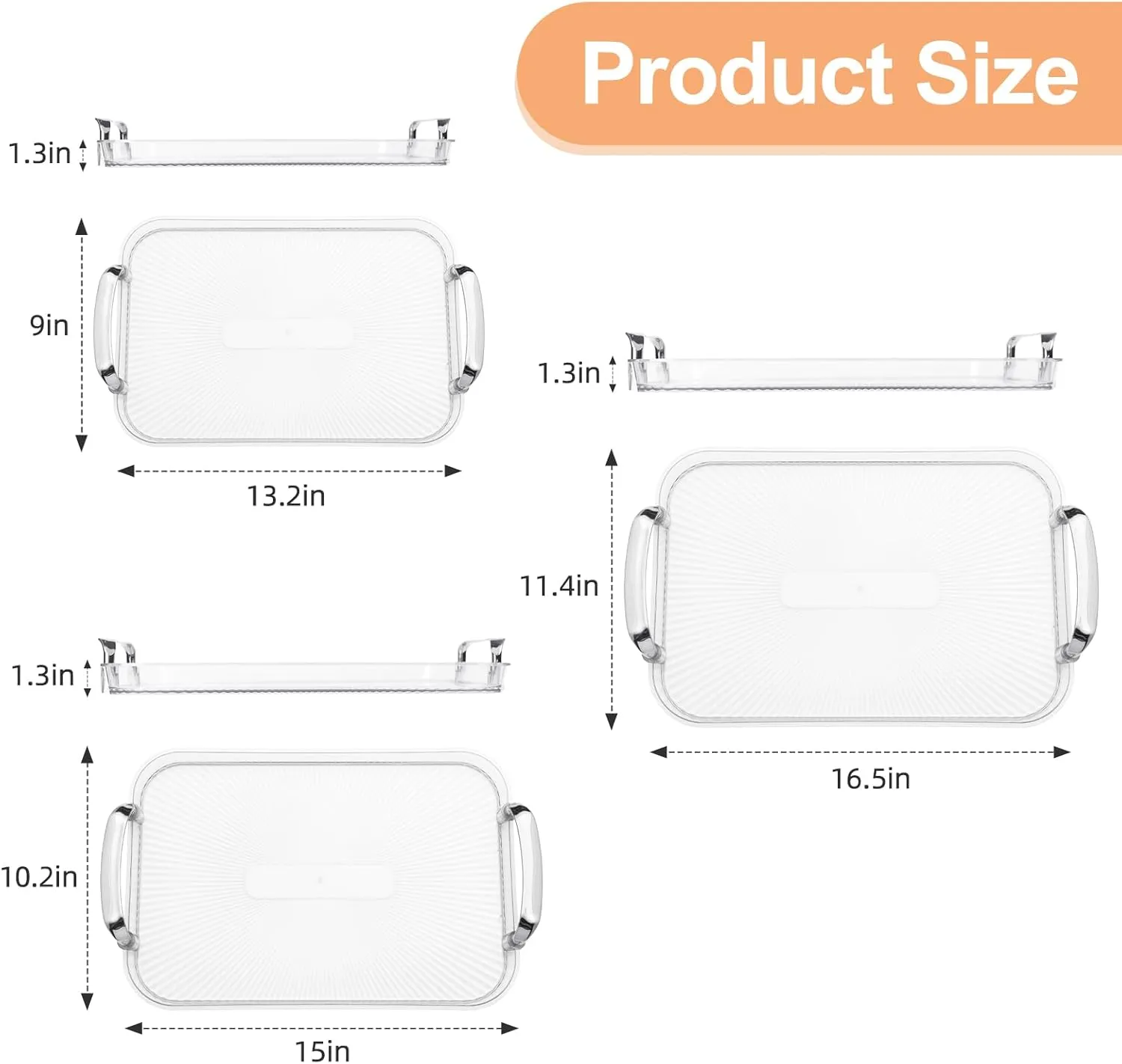 Set of 3 Serving Platters with Handles 16.5/15/13.2 Inch Reusable Large Serving Trays, Party Food Tray, Rectangular Dinner Plates for Cookie, Cake, Turkey, Cheese, Fruit, Snack(Transparent)