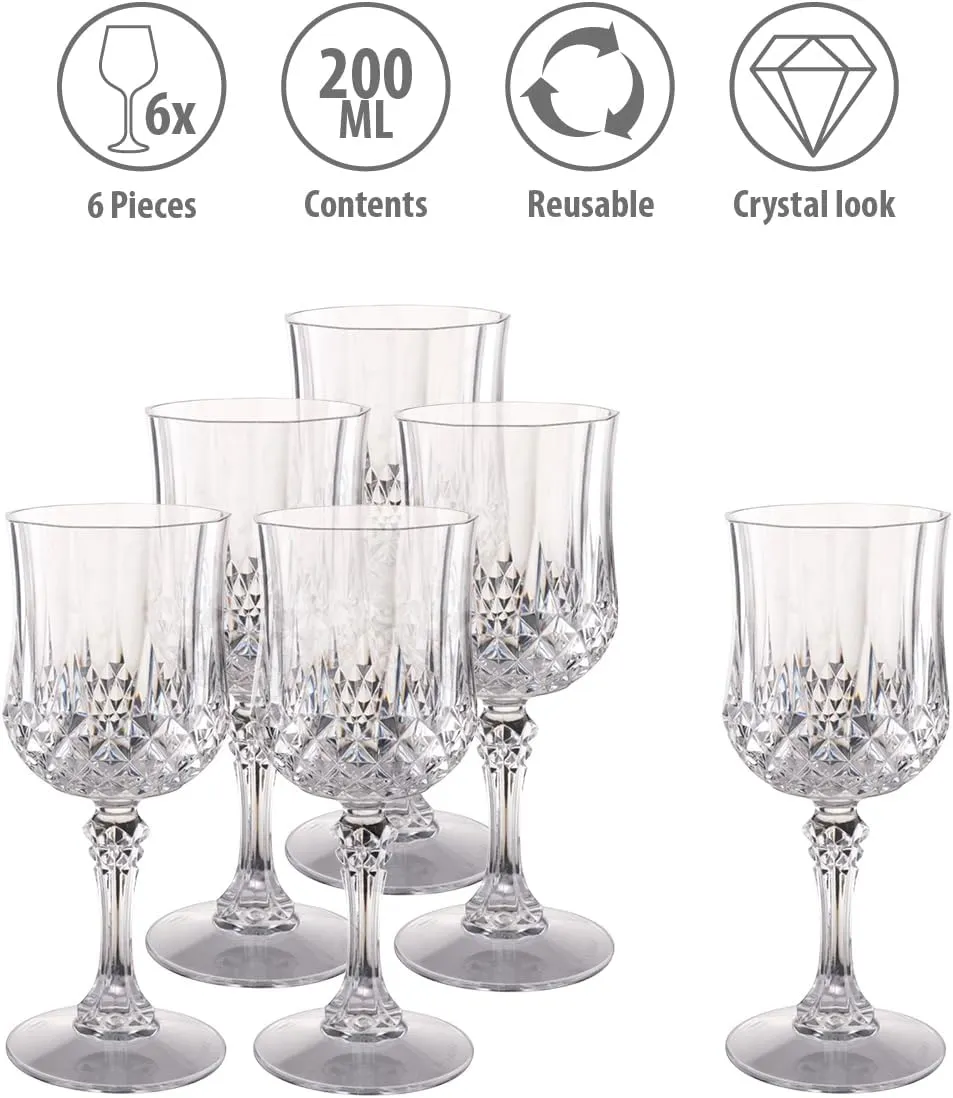 Set of 6 Plastic Crystal Effect 200ml Party Picnic Red White Wine Glass Goblet, Transparent