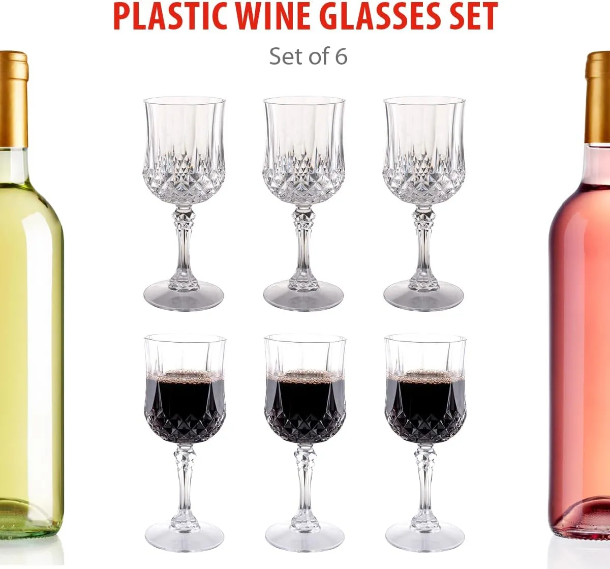 Set of 6 Plastic Crystal Effect 200ml Party Picnic Red White Wine Glass Goblet, Transparent