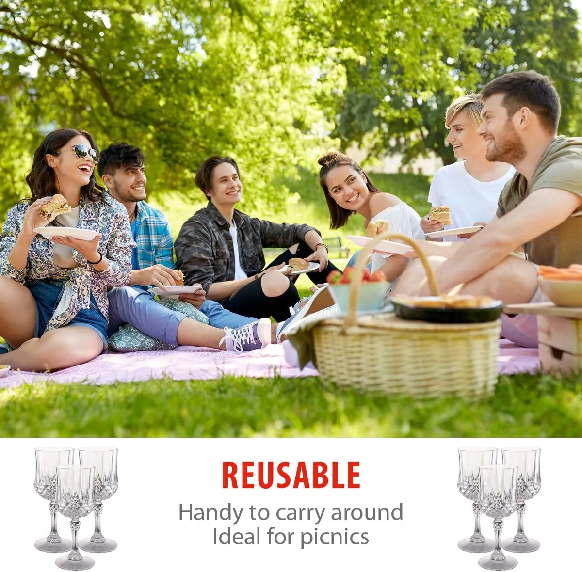 Set of 6 Plastic Crystal Effect 200ml Party Picnic Red White Wine Glass Goblet, Transparent