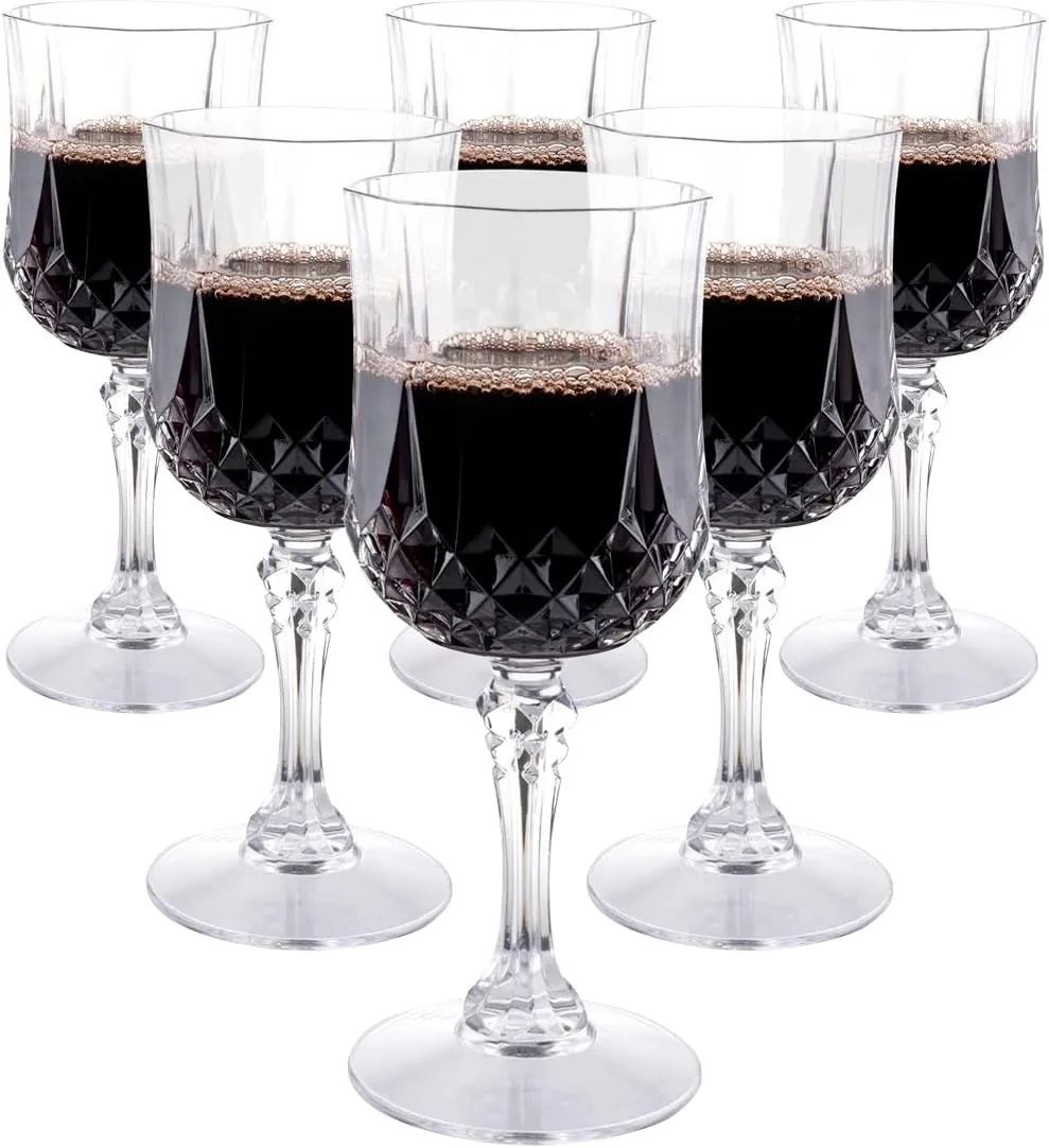Set of 6 Plastic Crystal Effect 200ml Party Picnic Red White Wine Glass Goblet, Transparent