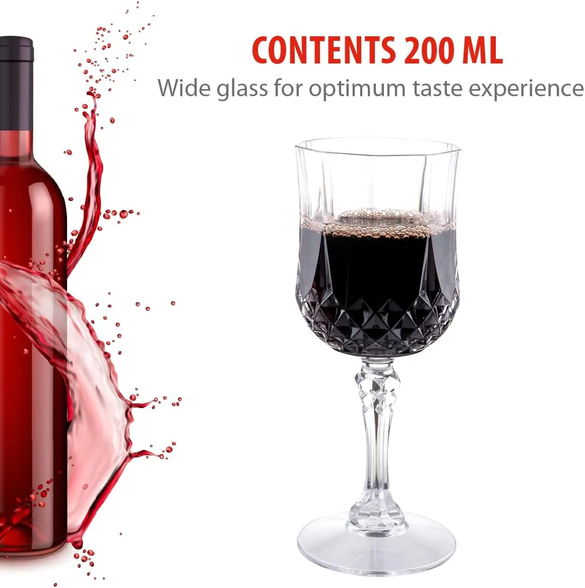 Set of 6 Plastic Crystal Effect 200ml Party Picnic Red White Wine Glass Goblet, Transparent