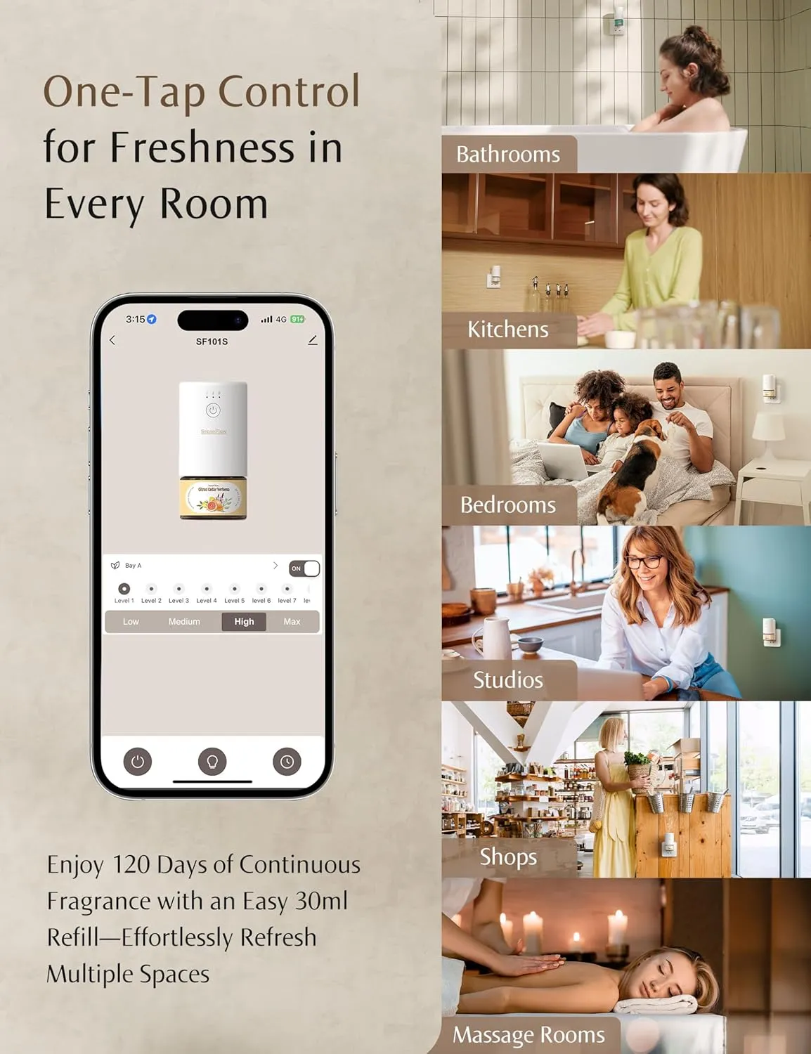 SF101S Smart Wi-Fi Waterless Ultrasonic Essential Oil Diffuser–100% Plant-Based,120-Day Natural Air Freshener & Aromatherapy scent Diffuser Covers 100㎡ for Home,Hotel-Coastal Blossom