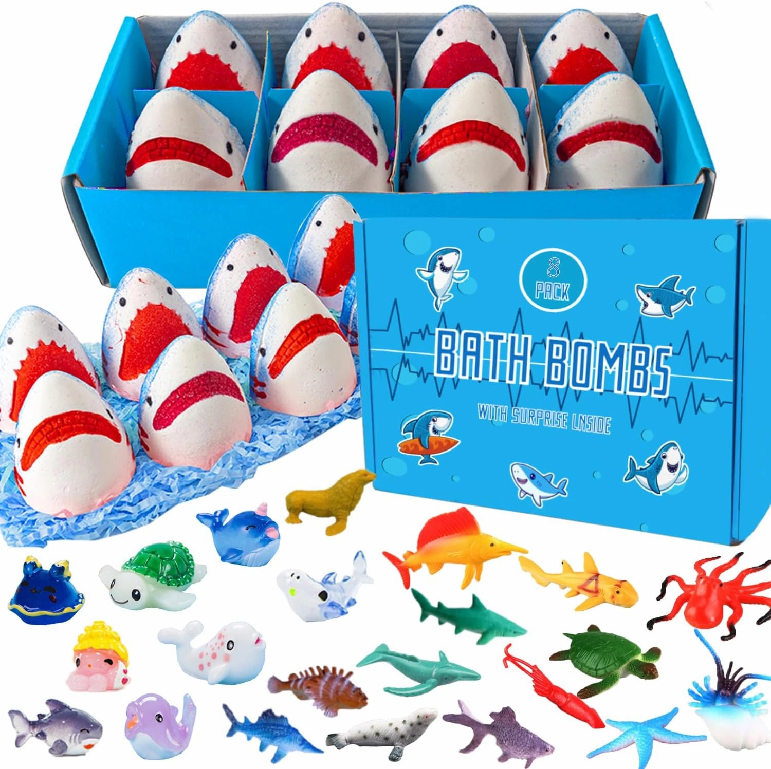 Shark Bath Bombs for Kids with Surprise Inside SEA Animals - Natural and Safe Bath Bombs Gift Set for Girls & Boys - Multicolored Organic Bubble Bath.