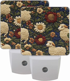 Sheep Embroidery Night Light Plug into Wall 2 Pack, Auto Dusk to Dawn Sensor LED for Home Decor 3×4.5×1.4 inches