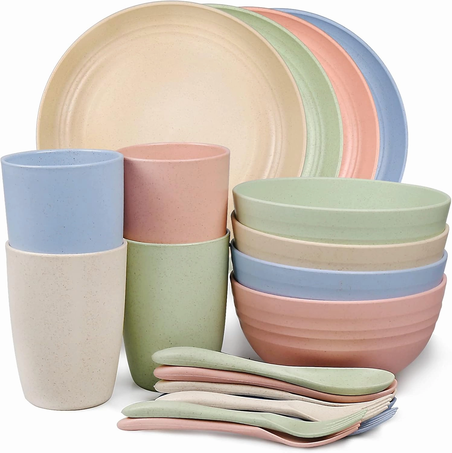 Shopwithgreen Wheat Straw Dinnerware Sets for 4, 20 PCS Unbreakable Plates and Bowls Sets, Reusable Dinner Dishes Set, Bowls, Cups, Plates for Camping, Kitchen, RV, Dorm, Dishwasher Microwave Safe