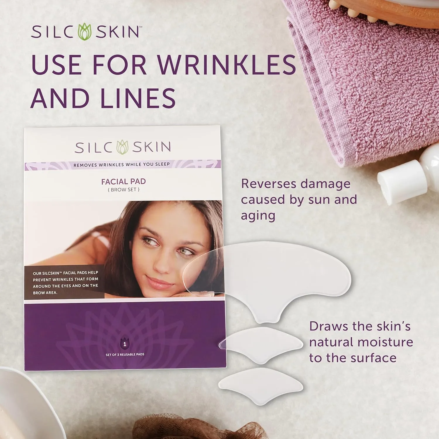 SilcSkin Facial and Brow Pads Set - 30 Day Supply, Reusable Adhesive Silicone Pads for Forehead and Facial Areas